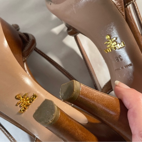 Prada Brown Leather Heeled Sling back Strappy Platform Sandals with bow 38 - Picture 9 of 13